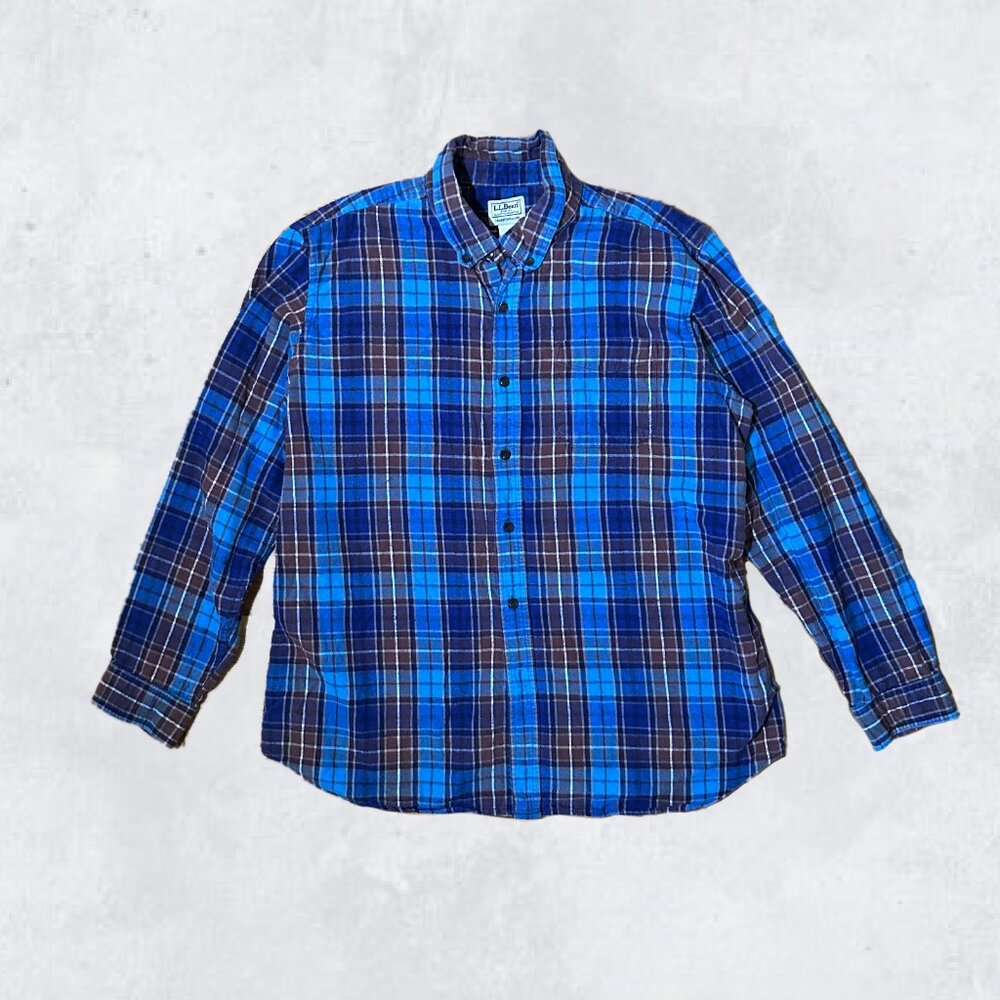 Vintage 90s LL Bean Blue scotch Plaid Flannel Cotton Preppy Heritage Men's XL